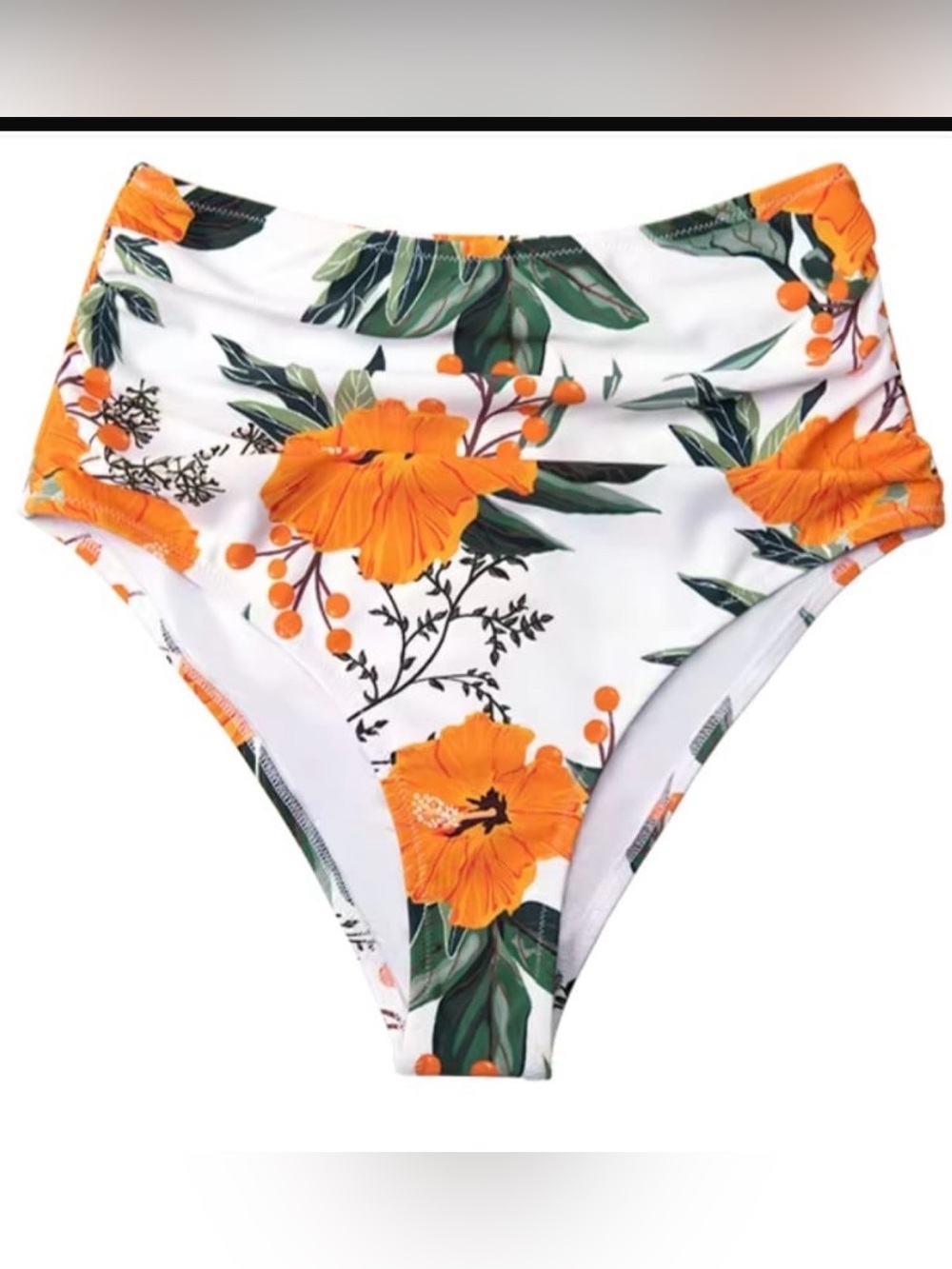 Cupshe White High-Waist Bikini Bottom with Orange Floral Print